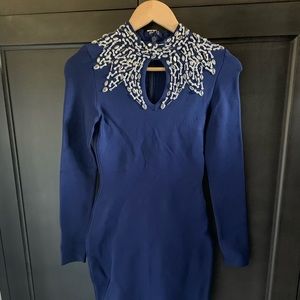 Blue long sleeve bandage midi dress